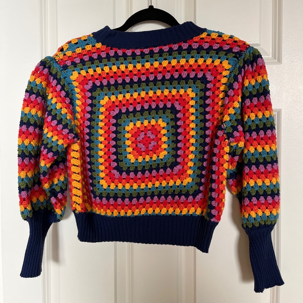 Farm Rio Rainbow Squares Crochet Sweater Size S